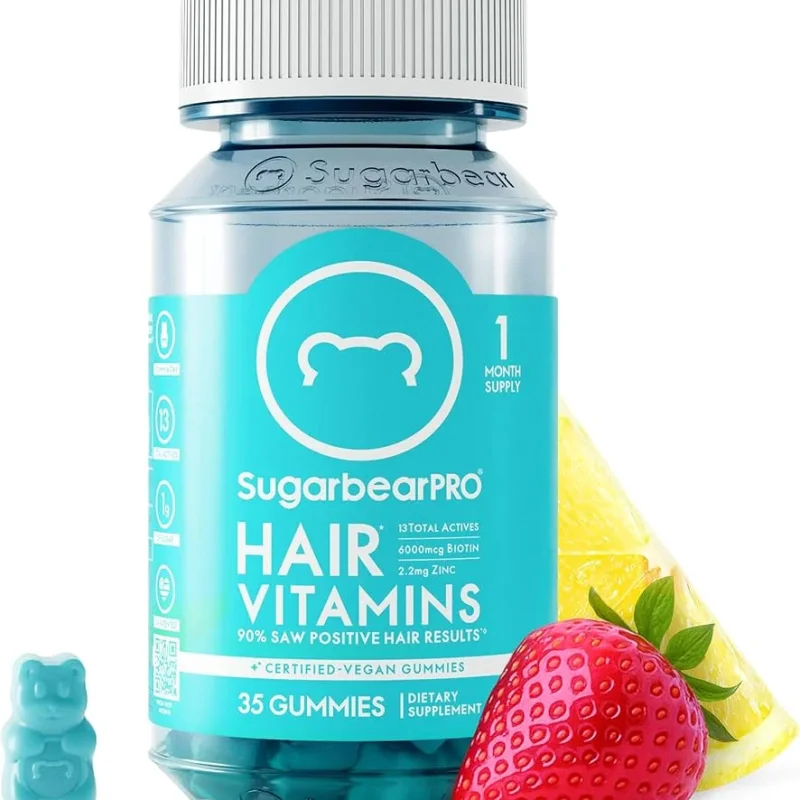 SugarBearPro Hair Vitamin Gummy 35 Day Supply, Extra Strength Biotin 6000mcg for Hair Growth, Vegan Vitamin B12, MSM, Inositol, Omega 3, Elderberry, Certified Kosher, Halal, Cruelty-Free